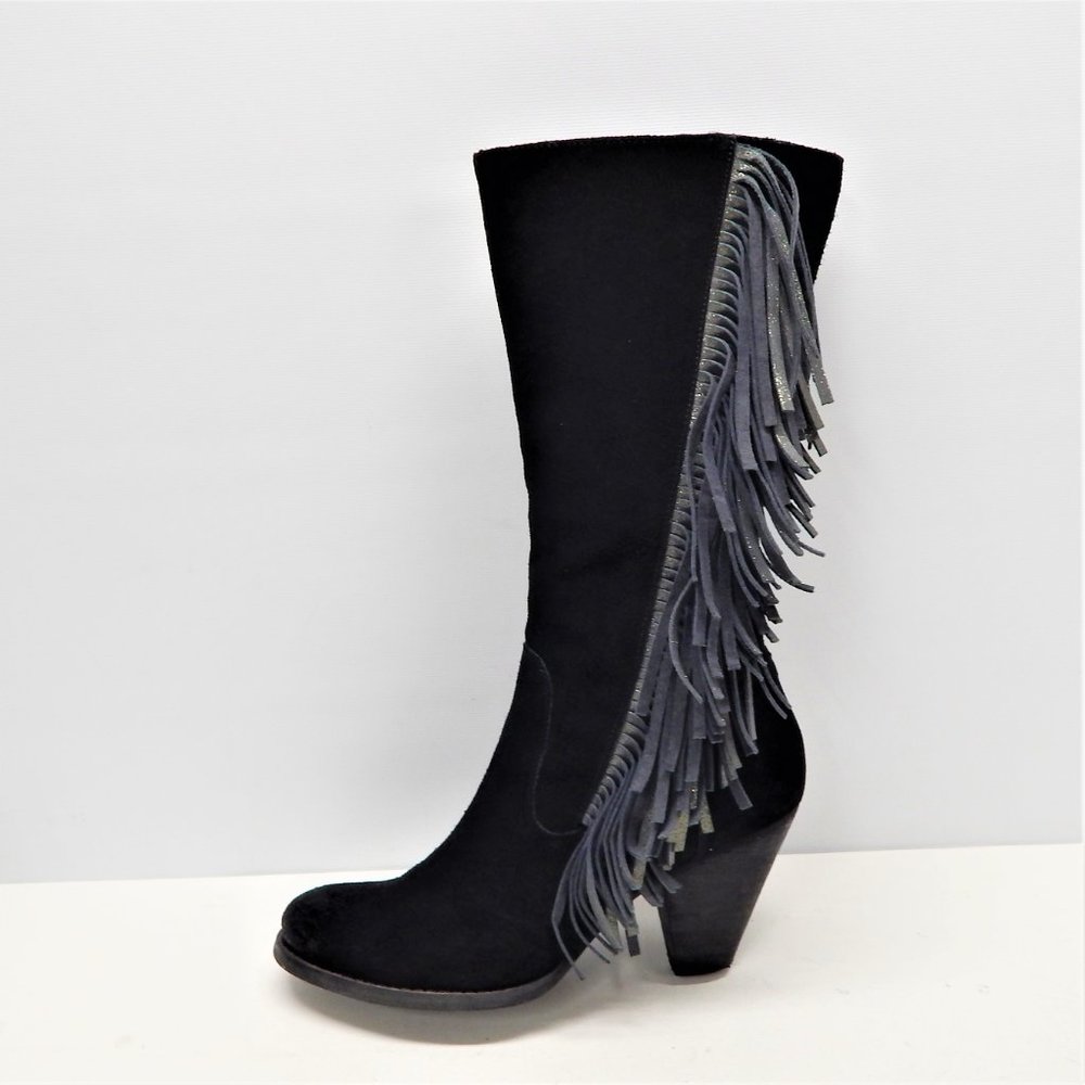 Reba Size 7.5 COWGIRLY Black Suede Fringe Mid Calf Heels Boots Womens Shoes